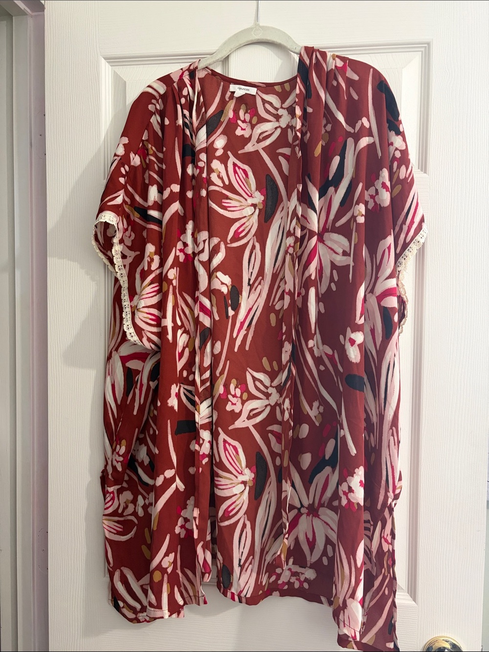 Maurices Rust Floral Print Open-Front Kimono with Pink Accents
